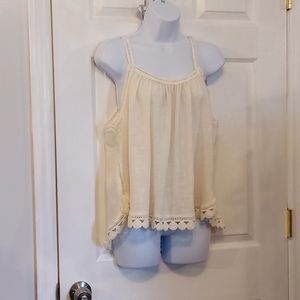 Aerie Cream 100% Cotton Tank Top Crochet Details Medium NWOT Lagenlook Boho